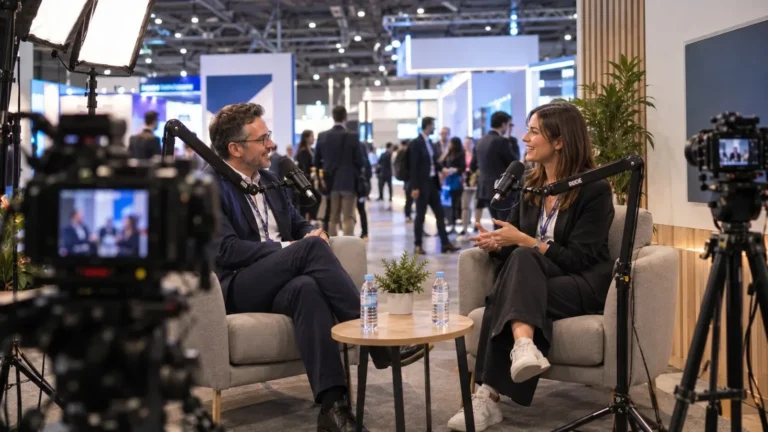 Professional camera with its monitor in the foreground filming an interview in a trade fair hall