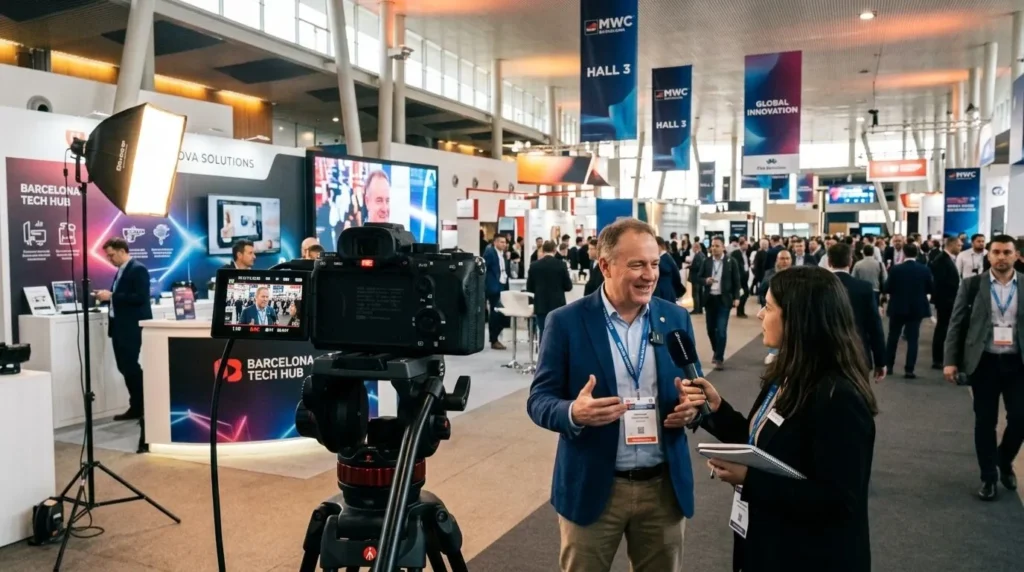 Trade fair videographer in Barcelona filming an interview with an exhibitor at a stand
