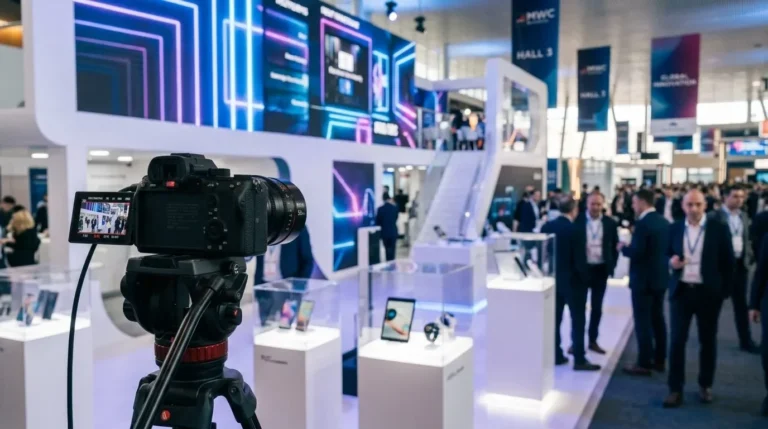 Cámara de vídeo grabando un stand con pantallas y visitantes en una feria tecnológica