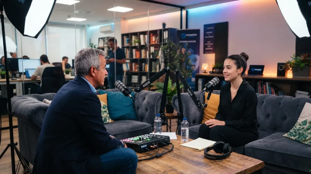 Entrevista a un directivo en un videopodcast grabado en la oficina de la empresa, con micrófonos, mesa de mezclas, focos y el equipo trabajando al fondo