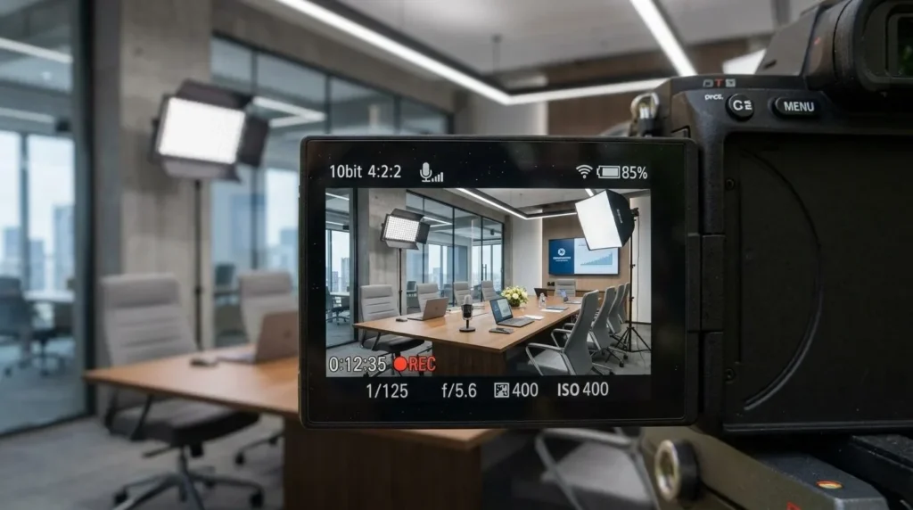 Camera crew in Barcelona preparing a corporate video shoot in an office meeting room