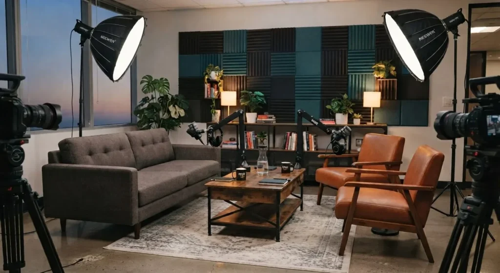 Set de videopodcast en Barcelona preparado con cámaras, focos y sillones antes de la grabación