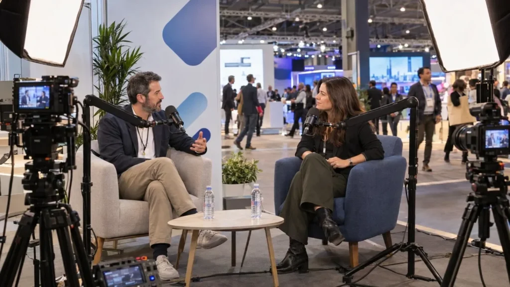 Video podcast set at a trade fair with two cameras on tripods, softbox lights and two people seated in armchairs
