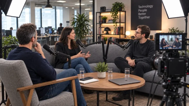 Videopodcast grabado en la oficina de una empresa, con tres participantes conversando en sofás y butacas, micrófonos en brazo articulado, focos y una cámara grabando en primer plano
